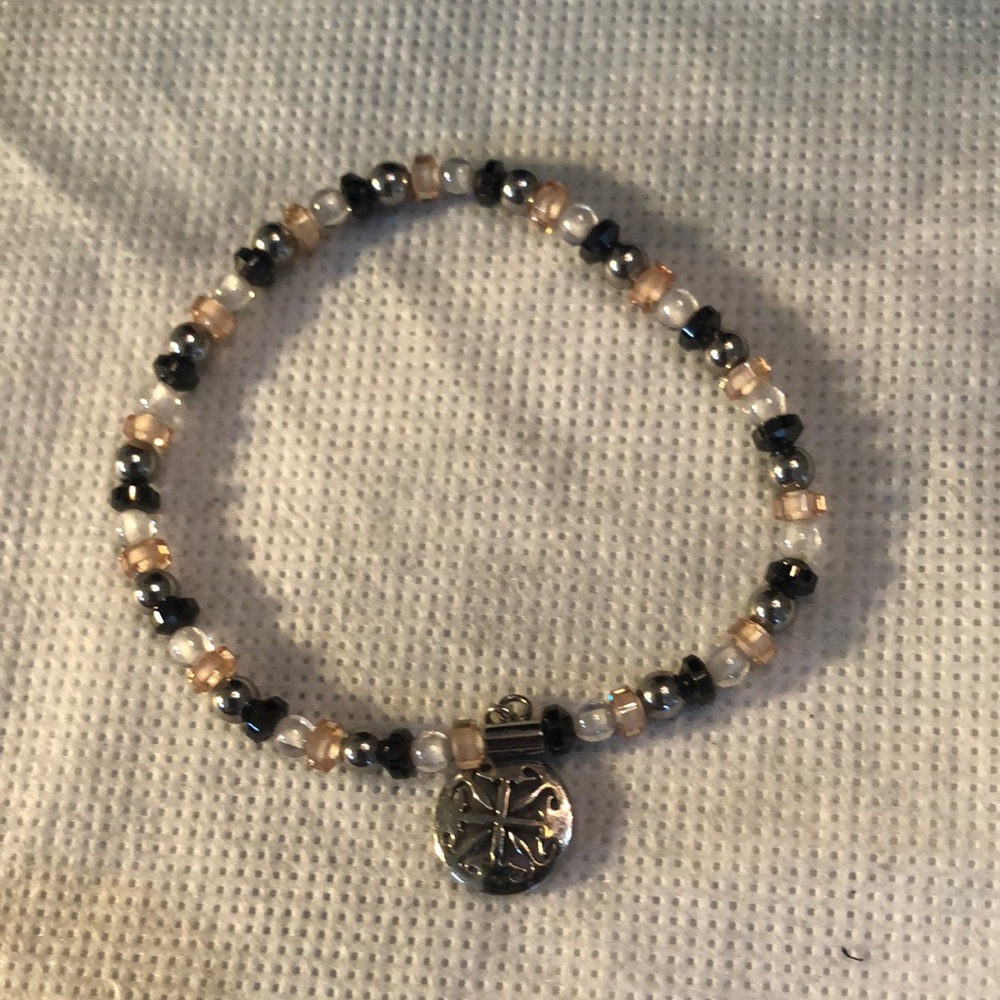 Rustic Cuff Beaded Small petite stretch Bracelet with logo Charm